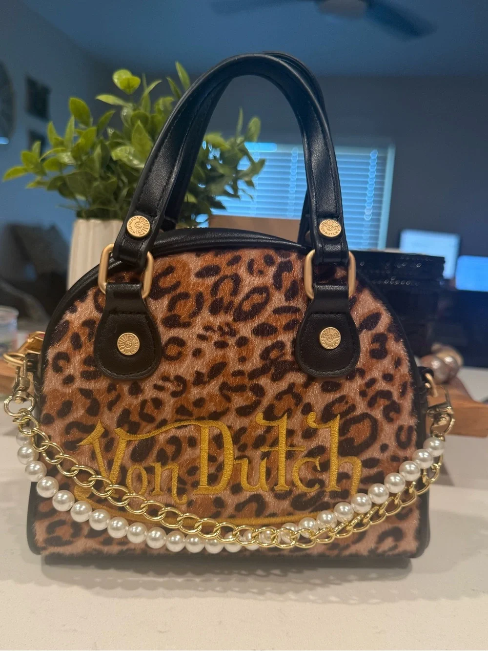Von Dutch Leopard-Print Pearl & Chain Crossbody Bag - Brown, Black, Gold